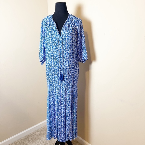 ZARA Blue/White BOHO FLORAL dotted MESH PRINTED MIDI DRESS sz XS - Picture 4 of 12